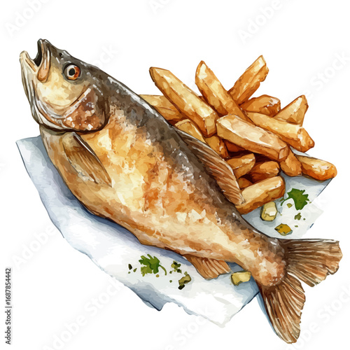 Fish And Chips, watercolor drawing vector, isolated on a white background.