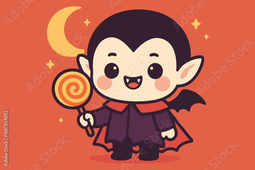 Cute kawaii vampire holding a swirl lollipop with crescent moon