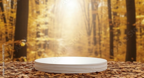 Ethereal Sunbeam Illuminates a White Podium in a Golden Autumn Forest.