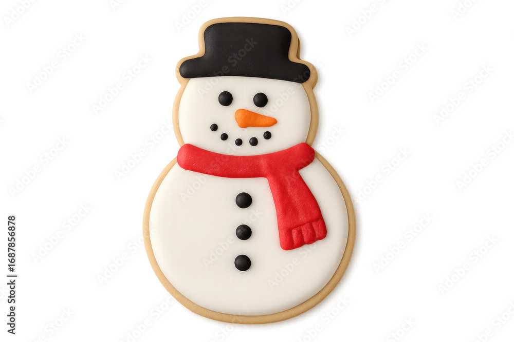 Fototapeta premium Snowman christmas cookie with red scarf and black hat on transparent background