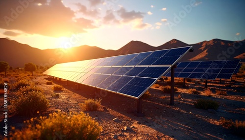 Solar panels at sunset in desert