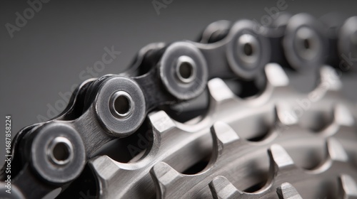 Photo showing a clean, detailed close-up of a bicycle chain resting on the teeth of a cassette sprocket.