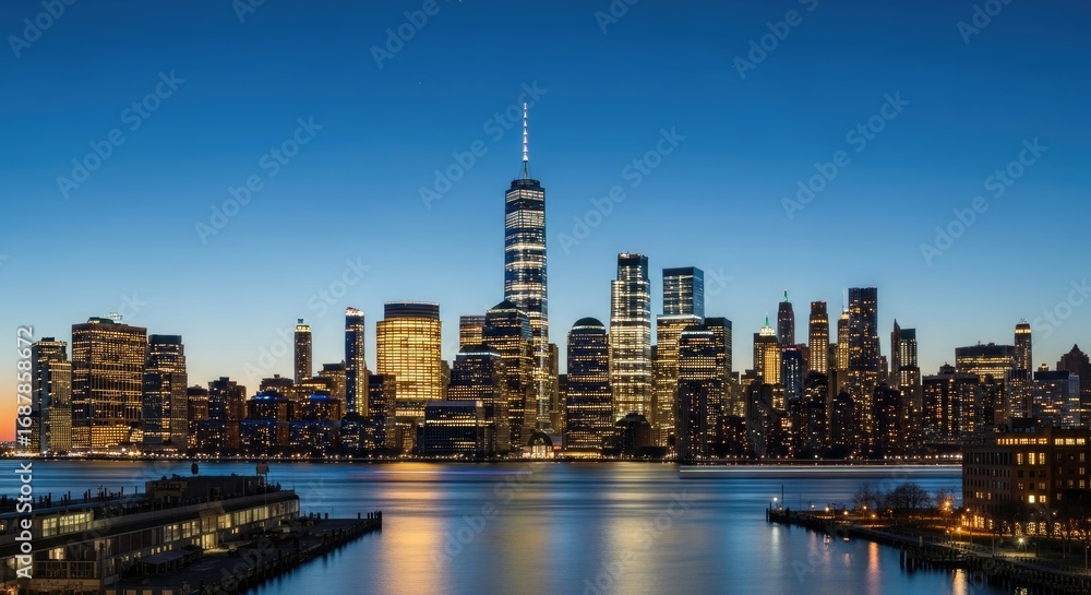 Naklejka premium A nighttime cityscape featuring illuminated skyscrapers under a blue sky reflected in calm water