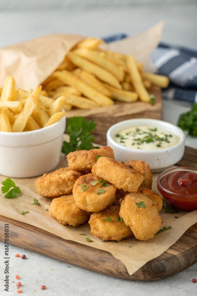 Naklejka premium Crispy Fried Chicken Nuggets with Golden Fries – Fast Food Plate, Photorealistic