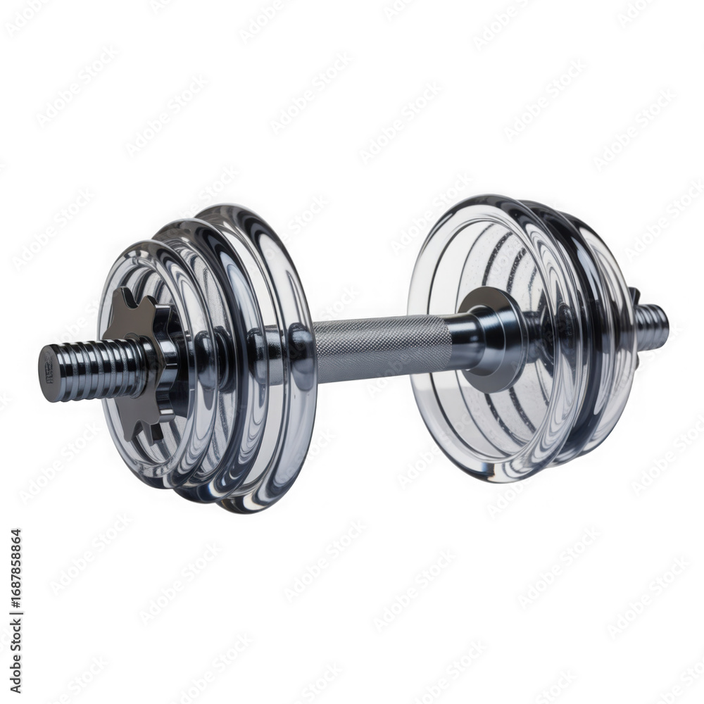 Naklejka premium Shiny chrome adjustable dumbbell with weight plates isolated on a for fitness and exercise transparent background