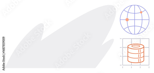 Globe with geographic grid, data points, stack of disks within chart grid. Ideal for data management, analytics, technology, global networks, research, information systems simple flat metaphor