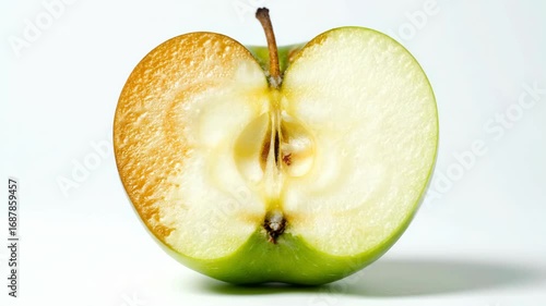 Sliced green apple one half browned Center shows stem  seed cavity Crisp  aged halves starkly contrasted isolated on white surface