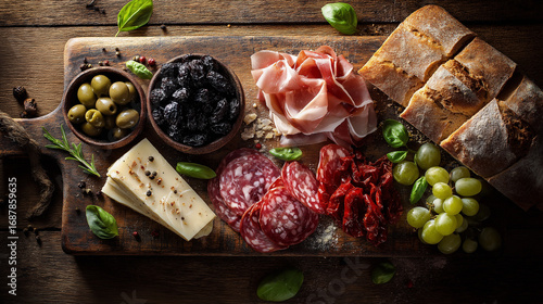 Italian antipasti ingredients set, rustic wooden board with prosciutto, salami, parmesan chunks, olives, sun-dried tomatoes, roasted peppers, fresh bread, grapes
