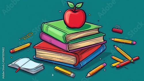 Stack of colorful books with an apple, pencils, and stationery on a teal background.