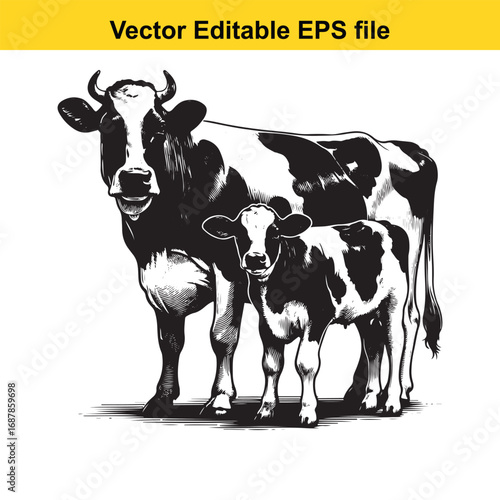 Black and white illustration of a cow and calf isolated on white background
