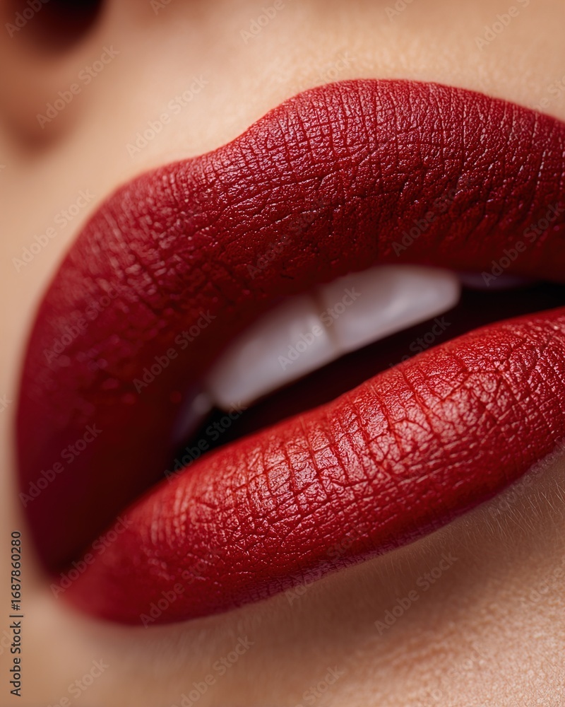 Obraz premium Close-up of female model & elegant lips with radiant bright and vibrant color lips holding lipstick tube, professional beauty shoot for cosmetic, advertising and luxury makeup brand promotion
