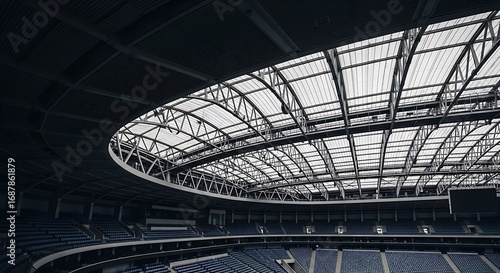 Large modern sports stadium interior with empty blue seats and transparent arched roof structure
