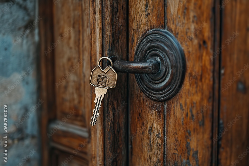 Fototapeta premium A key with a house-shaped handle on the door of an apartment, representing the real estate concept. This stock photo could be used for an online art print. 