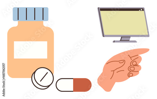 Medicine bottle, pills, and electronic device with a pointing hand. Ideal for healthcare, telemedicine, pharmacy, healthcare technology, online consultations, e-prescriptions digital communication