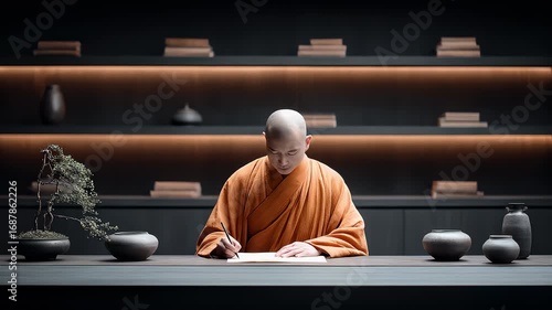 A Monk Writes Sutras in a Peaceful Moment