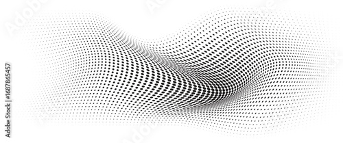 Flowing Wave Dot Halftone Pattern: Curve Gradient Shape on Transparent Background. Suitable for AI, Tech, Network, Digital, Science, and Technology Themes.