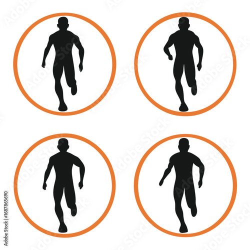 Athletic runner silhouettes in orange circles running athlete