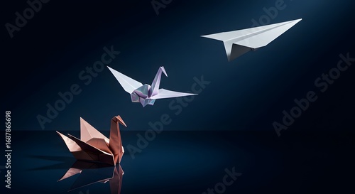 Origami paper swan and crane transforming into a paper airplane, symbolizing innovation, creative progress, and transformation