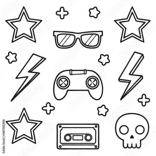 Black outline doodle icons of retro gaming and pop culture elements stars lightning bolts