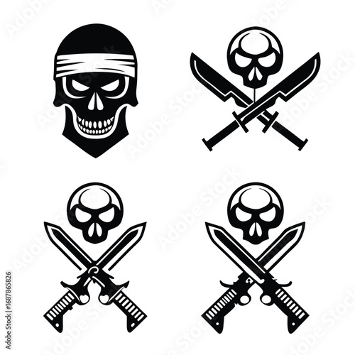 Black skull icons crossed knives menacing skull with bandana white knife