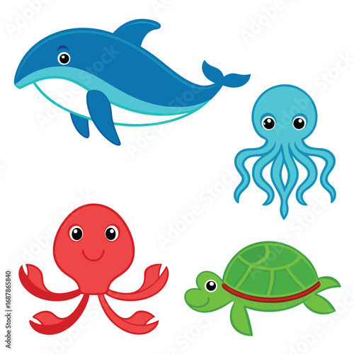Blue dolphin jumping red octopus turquoise octopus green turtle vector