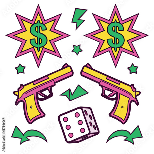 Comic style gangster elements with guns dice and dollar signs vector
