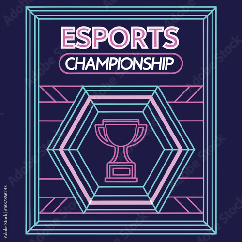 Esports championship trophy neon frame vector