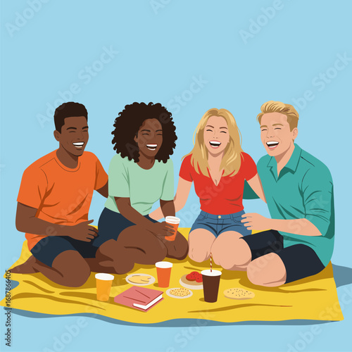 Diverse friends enjoying a picnic, laughing and socializing outdoors