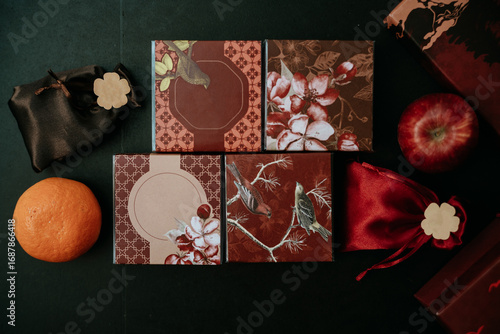 Luxury hamper gift display decoration for wedding with fruits, engagement. Top view