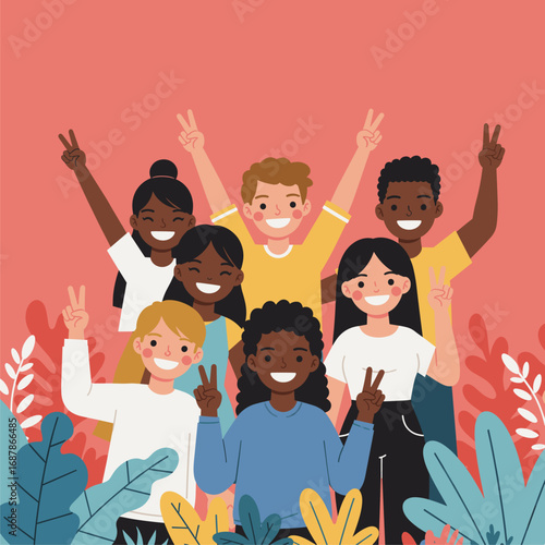 Happy Diverse Group of Friends Showing Peace Signs & Unity