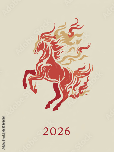 Minimal Red Vector Fire Horse Design with Flame Mane for Chinese New Year 2026 Greeting