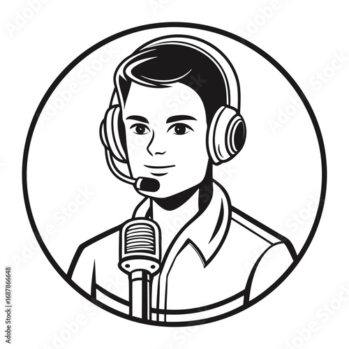 Male esports caster wearing headphones and microphone headset