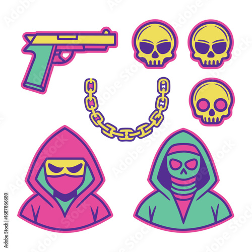 Neon gangster skulls gun chain hooded figures vector