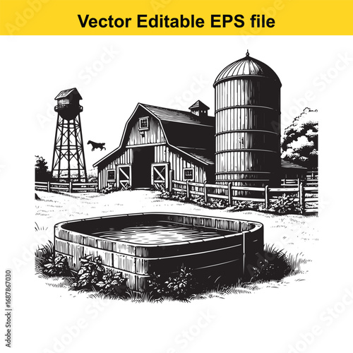 Farm scene with barn, silo, water tower, and livestock watering trough