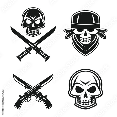 Skull bandana skull guns swords menacing skull emblem vector