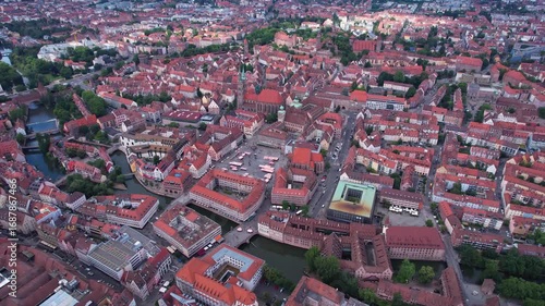 An aerial panorama view above the old town of the city Nuremberg or Nürmberg during an overcast summer day in Bavaria, Germany