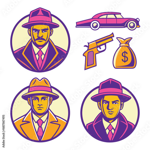 Vintage gangster portraits car gun money bag mafia retro