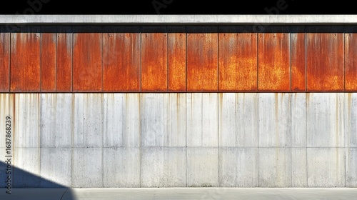 Architectural facade featuring contrasting materials: weathered steel panels and concrete structure