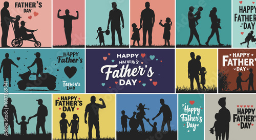 Diverse silhouette illustrations celebrating happy father's day with love and family
