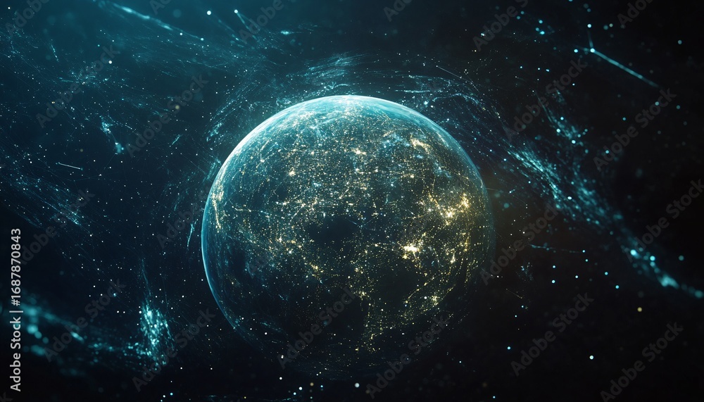 Obraz premium A digital illustration shows the Earth at night with city lights, surrounded by a network of glowing teal lines that suggest global connections.