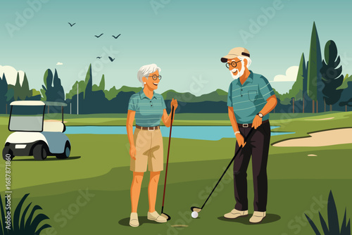 Elderly Retired Couple Playing Golf Vector Illustration