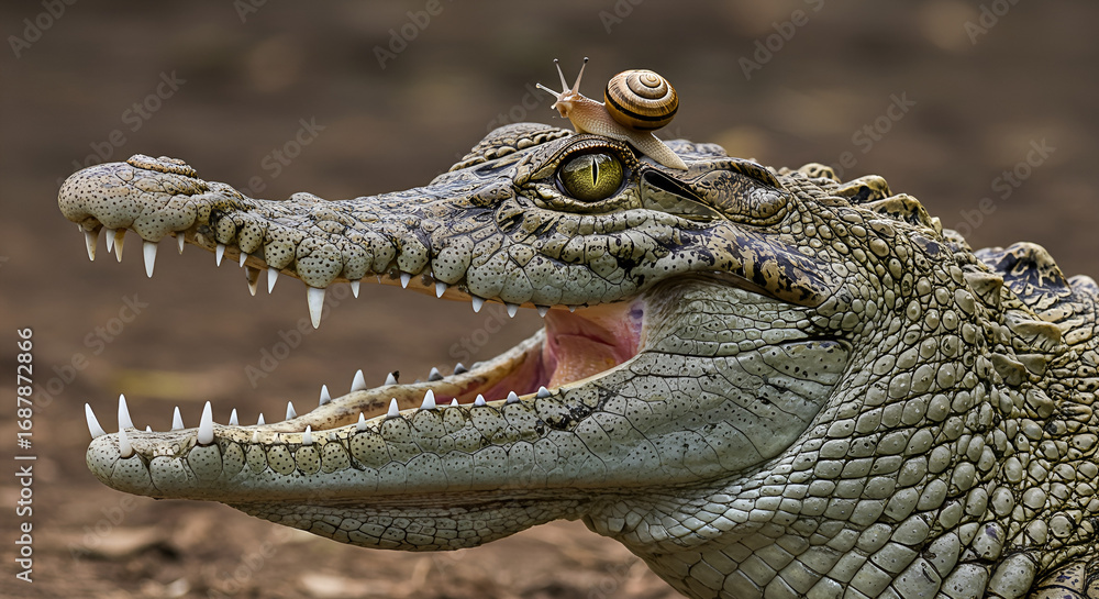 Obraz premium A unique photo of a crocodile with its mouth open and a snail on its head, showing contrast between a fierce predator and a tiny creature.