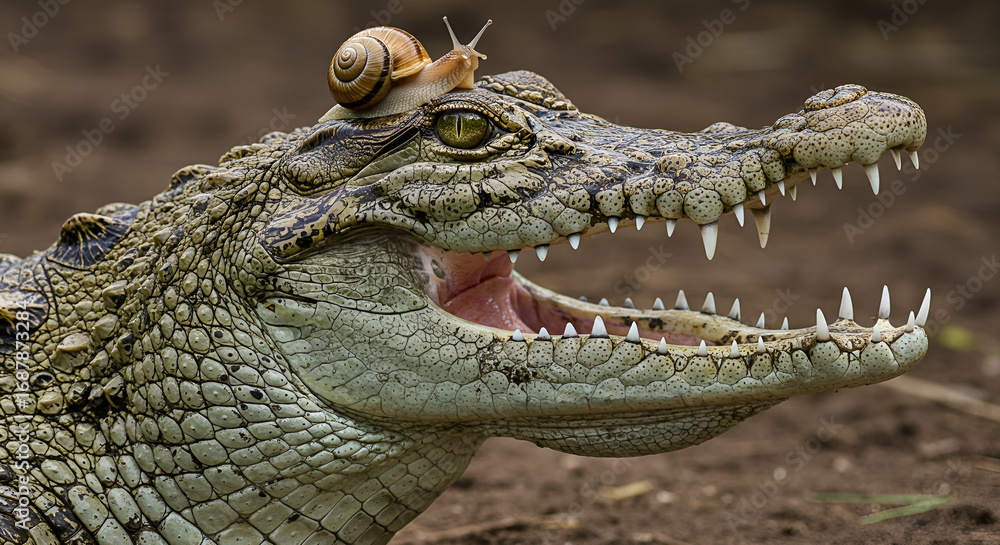 Fototapeta premium A unique photo of a crocodile with its mouth open and a snail on its head, showing contrast between a fierce predator and a tiny creature.
