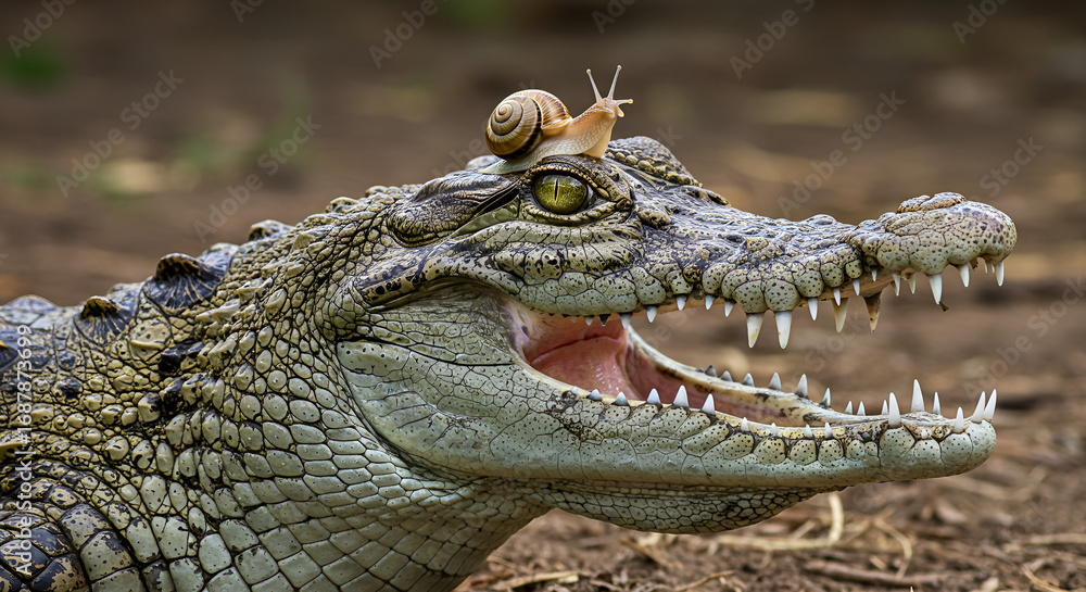 Fototapeta premium A unique photo of a crocodile with its mouth open and a snail on its head, showing contrast between a fierce predator and a tiny creature.