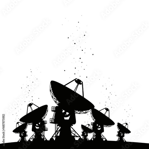 Array of radio telescopes in silhouette isolated on white background