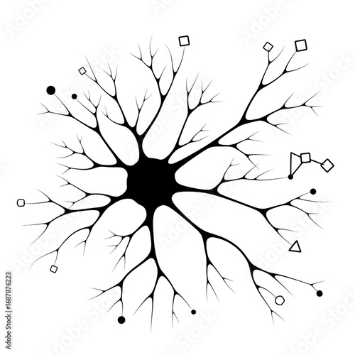 Abstract neuron silhouette with geometric shapes isolated on white background