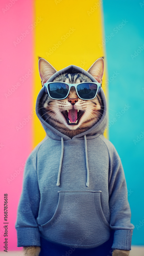Obraz premium Happy reaction funny cat wearing sunglasses and hoodie, vertical image