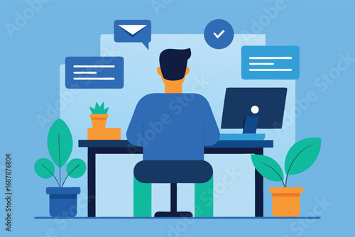 Person Working at Desk with Computer and Plants in a Modern Flat Design Style