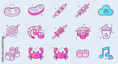 A collection of cute food and lifestyle icons, including steak, sushi, crab, and skewers, in a pink and blue color palette.