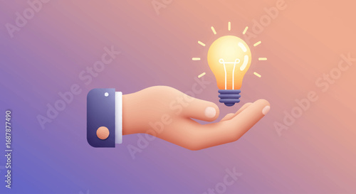 Businessman's hand holding a glowing light bulb, a 3D illustration representing creativity, innovation, and new ideas.